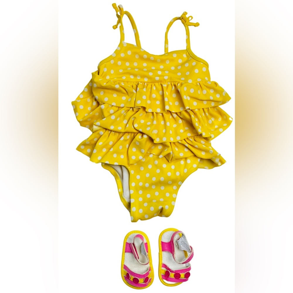 Old Navy Girls Yellow and White Polka Dot Ruffle Bathing Suit Size 12-18 Mts.